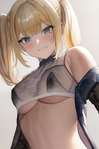 Twin tails, Watercolor painting, Small breasts, Grinning, Under boob, Masterpiece, See-through